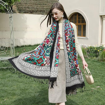 DANA XU 100% Merino Wool Extra Large Pashmina Blanket Travel Scarf Cashmere Wrap for Women Fall Winter Oversize Shawl Floral