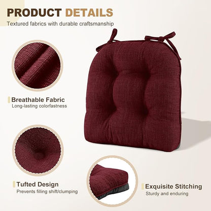 downluxe Indoor Chair Cushions for Dining Chairs, Tufted Overstuffed Textured Foam Kitchen Chair Pads with Ties and Non-Slip Backing, 15.5" x 15.5" x 4", Burgundy, 4 Pack