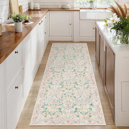 MUJOO Washable Runner Rug Pink,Floral 2x6 Runners for Hallway Kitchen Bedroom Bedside Bathroom Laundry Room,Long Non Slip Throw Carpet Boho Indoor Botanical Vintage Ultra-Thin