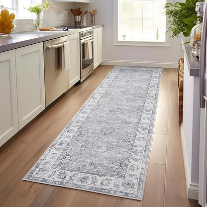 jinchan Fiora Hallway Runner Rug 3x10 Washable Runner - Vintage Floral Non Slip Low-Pile Soft Thin Faux Wool Kitchen Rug Distressed Carpet for Farmhouse Bedroom Laundry Room(3x10ft, Grey)