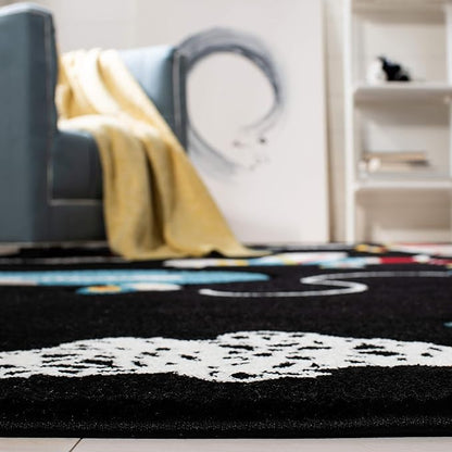 SAFAVIEH Carousel Kids Collection Area Rug - 5'3" Square, Black & Ivory, Non-Shedding & Easy Care, Ideal for High Traffic Areas for Boys & Girls in Playroom, Nursery, Bedroom (CRK167Z)