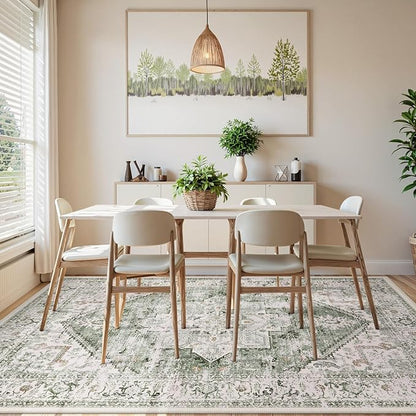 LIVEBOX Washable Area Rug 8x10 - Large Vintage Tribal Living Room Rug Oriental Rugs for Bedroom, Non-Slip Retro Medallion Carpet Print Distressed Rugs for Dining Room Home Office Sage