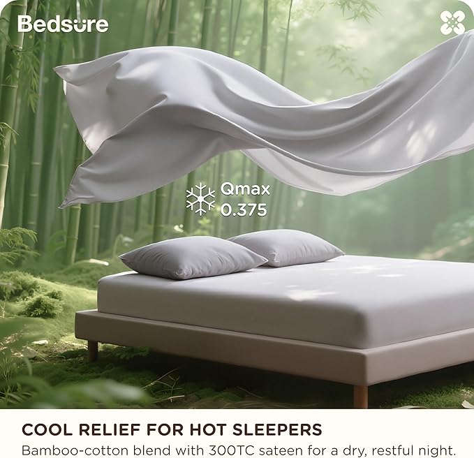 Bedsure Cooling Sheets, Rayon Derived from Bamboo & Cotton Blend, GentleSoft, Breathable, Queen Sheet Set, Deep Pocket Up to 18 Inches, Hotel Luxury Bedding for Hot Sleepers, Grey