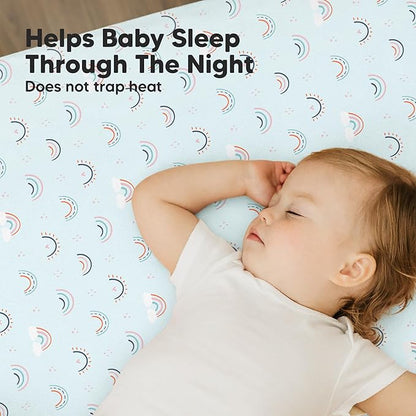2-Pack Mini Crib Sheets Fitted - 38x26 Pack N Play Sheets for Pack and Play Mattress, Organic Cotton, Soft & Breathable Playard Bedding, Neutral Mini Toddler Bed Cover for Boys, Girls (Jolly Rainbow)