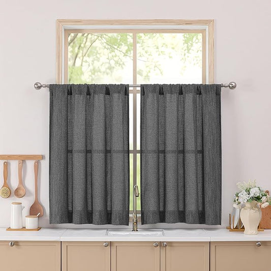 Simplebrand Grey Short Faux Linen Textured Cafe Kitchen Curtains 36 Inch Length 2 Panels, Over Sink Semi Sheer Farmhouse Light Filtering Panels Rod Pocket Drapes for Bathroom Window, 40 x 36 Inch