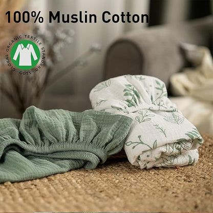 Muslin Bassinet Fitted Sheets, 2 Pack for Baby Boy and Girl, Soft Breathable Stretchy Baby Pad/Mattress Sheet Set, Universal Fit for Hourglass Oval and Rectangle Bassinet Mattress (Bright Leaves)