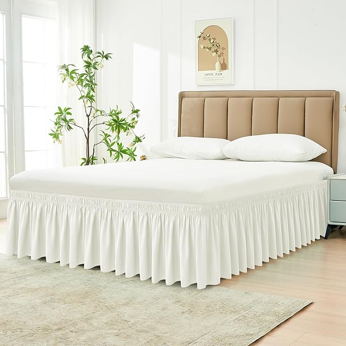 Biscaynebay Wrap Around Bed Skirts for King & Cal King Beds 16" Drop, Ivory Adjustable Elastic Dust Ruffles Easy Fit Wrinkle & Fade Resistant Silky Luxurious Fabric Solid Machine Washable