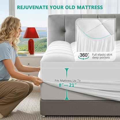 King Mattress Topper - Extra Thick Mattress Pad Cover - Pillow Top with Soft Breathable Spiral Fiber Filling, 8-21 Inch Deep Pocket, Cooling, White