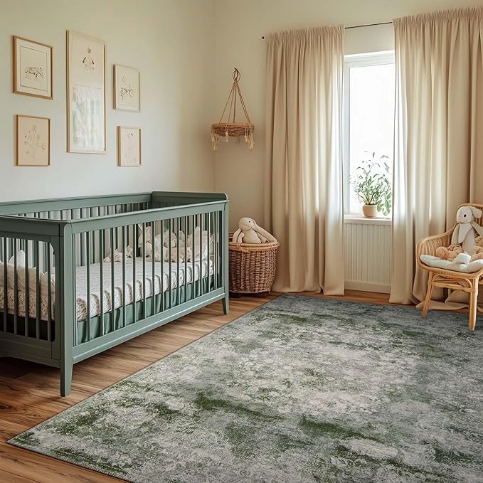 jinchan Green 5x7 Area Rugs - Machine Washable Vintage Floral Distressed Design Soft Low-Pile Non-Slip Christmas Carpet for Bedroom Nursery Living Room Dining Room Home Office (5x7ft, Forest Green)