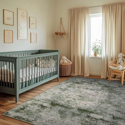 jinchan Green 5x7 Area Rugs - Machine Washable Vintage Floral Distressed Design Soft Low-Pile Non-Slip Christmas Carpet for Bedroom Nursery Living Room Dining Room Home Office (5x7ft, Forest Green)