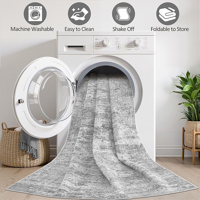 Grey Rug 5x7 Area Rugs: Washable Boho Large Vintage Neutral Soft Rug Stain Resistant Farmhouse Non-Slip Indoor Floor Carpet for Living Room Bedroom Playroom Office Dining Room Apartment Dorm