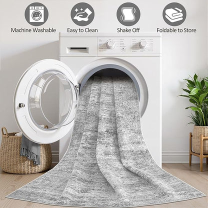 Grey Rug 9x12 Area Rug: Washable Boho Large Vintage Neutral Soft Rugs Stain Resistant Farmhouse Non-Slip Indoor Floor Carpet for Living Room Bedroom Playroom Office Dining Room Apartment Dorm
