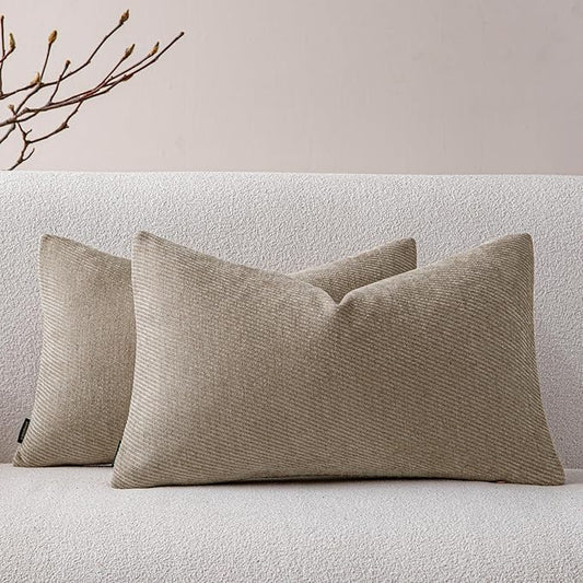 a moment Pack of 2 Decorative Chenille Throw Pillow Covers with Twill Cushion Covers for Sofa Living Room Couch Bed 12x20 Inch Light Brown