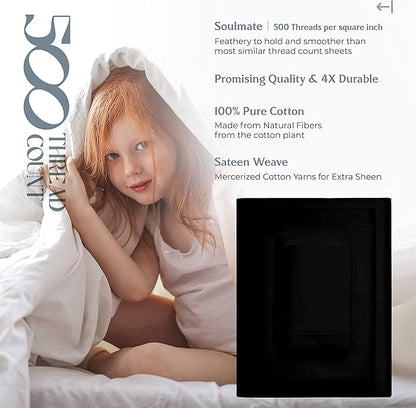 Mayfair Linen 500 Thread Count Twin XL Cotton Sheets - 3 PC Twin XL Size Bed Sheet Set Cotton (Black), Soft, Cooling, Sateen Hotel-Quality 16" Deep Pocket Bedsheet for Hot Sleepers (Fits 18" Mattress)