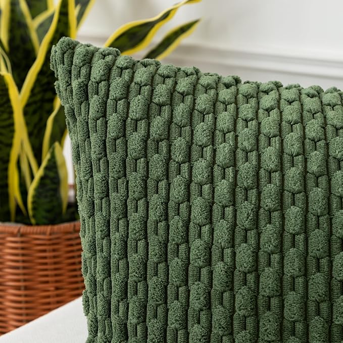 Kevin Textile 12x24 Inch Pillow Cover 1 Pack Boho Decorative Soft Striped Corduroy Lumbar Farmhouse Solid Color Accent Rectangle Cushion Case for Living Room Couch Sofa Bed, Moss Green
