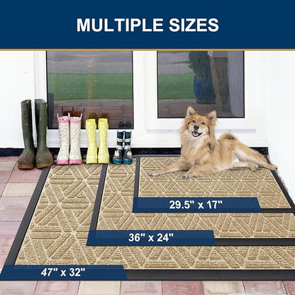 Smiry Front Door Mat Outside Entrance, Heavy Duty Sturdy Natural Rubber Doormat, Trap Dirt and Moisture, Easy Clean Low Profile Mats for Indoor Outdoor Entry, Grid Geometric (59x24, Beige)