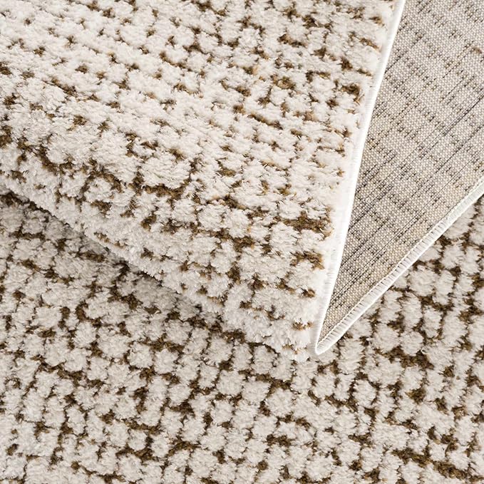 Hauteloom Keita Contemporary Mosaic Area Rug - High Pile Fluffy Soft Shag Rug for Living Room, Bedroom, Dining Room - Cream, Brown - 8'10"12