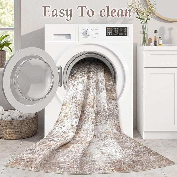 Washable 9X12 Area Rug: Modern Abstract Soft Non-Slip Indoor Rugs Home Decor - Low Pile Stain Resistant Foldable Rug for Living Room Bedroom Dining Room Playroom Office(Golden Brown,9'x12')