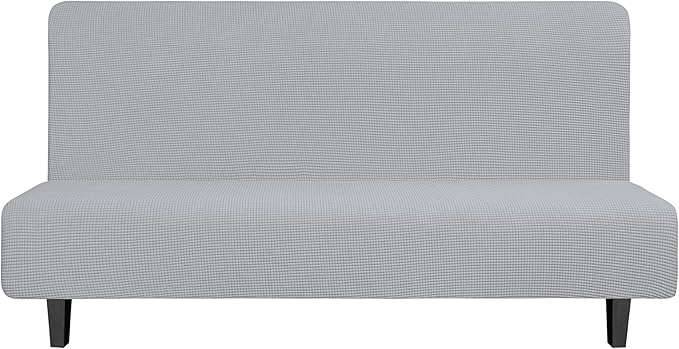 Easy-Going Stretch Futon Slipcover Armless Futon Bed Cover Furniture Protector Without Armrests with Elastic Bottom for Kids, Soft Jacquard Fabric Small Checks (Large, Silver Gray)