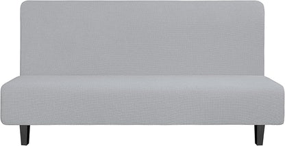 Easy-Going Stretch Futon Slipcover Armless Futon Bed Cover Furniture Protector Without Armrests with Elastic Bottom for Kids, Soft Jacquard Fabric Small Checks (Large, Silver Gray)
