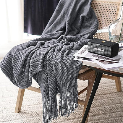 LOMAO Knitted Throw Blanket with Tassels Bubble Textured Soft Lightweight Throws for Couch Cover Home Decor (Dark Grey, 50x60)