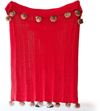 vctops Christmas Fur Pom Pom Knit Throw Blanket Super Soft Warm Cozy Cable Knitted Blanket for Sofa and Couch 51 x 63 Inch Red