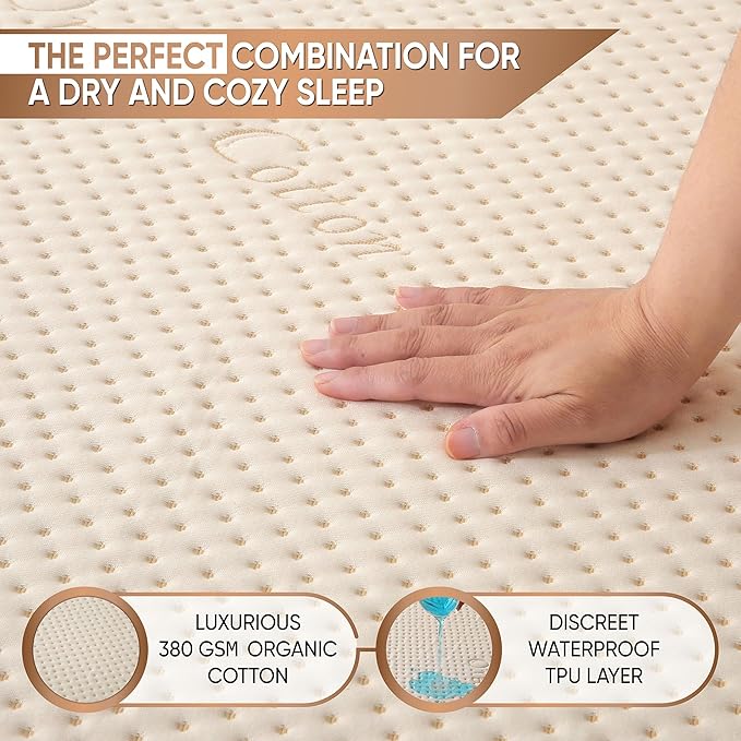 Luxury Waterproof Organic Mattress Protector Twin XL - Organic Cotton Breathable Mattress Pad Cover - Premium 380 GSM Comfort - Deep Pocket - Jersey Cotton Skirt - Fitted Design