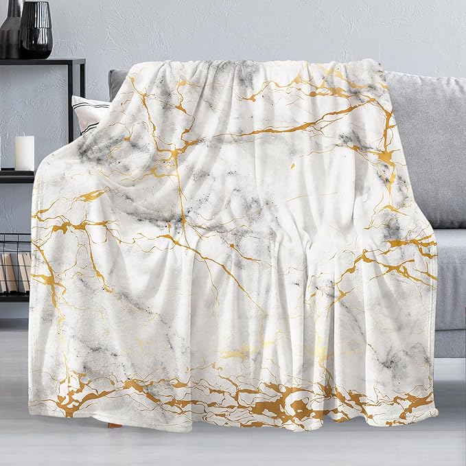 Gold Marble Throw Blanket for Couch, Super Soft Fuzzy Throws Warm Comfortable Plush Fleece Blanket, Fashion Decorative Flannel Fleece Blanket for All Season(40 x 50 in, Gold Marble)