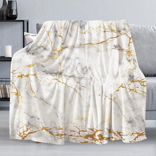Gold Marble Throw Blanket for Couch, Super Soft Fuzzy Throws Warm Comfortable Plush Fleece Blanket, Fashion Decorative Flannel Fleece Blanket for All Season(60 x 80 in, Gold Marble)