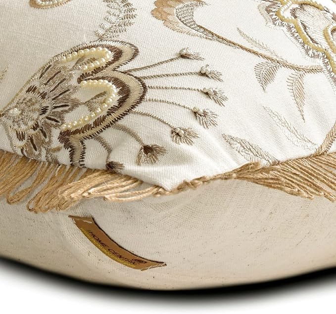 The HomeCentric King/Queen/Twin Beige Decorative Bed Runner Queen 74"x18" Bed Runner with One Pillow Cover, Floral, Pearl, Jute Lace, Embroidery Bed Scarf on Cotton Fabric - Floral Luster