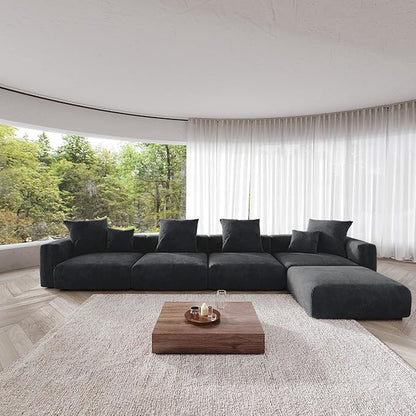 JACH 181" Oversized Modular Sectional Sofa, Deep 4-Seats Sectional Couch with Chaise Ottoman, Huge Plus Convertible Soft Sofas, Corduroy Minimalist Couches for Living Room, Office, Apartment, Black