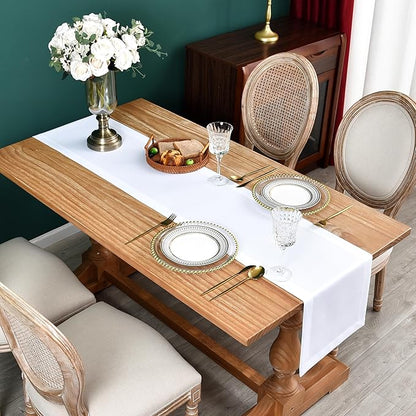 NEWISHER Farmhouse Rustic Table Runner Solid White Rectangular Table Runners Faux Linen Table Runner for Everyday Use Kitchen Dining Party Table 13x90 Inch
