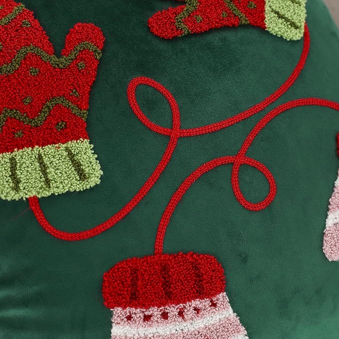 LUOYEHK Christmas Pillow Covers 18x18 Set of 2 Cute Gloves Decorative Green Pillow Cases Winter Holiday Velvet Embroidered Cushion Covers for Couch Sofa Bed