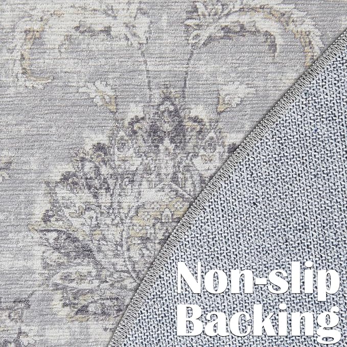 jinchan Fiora Round Rug 8ft Area Rugs - Vintage Floral Distressed Design Machine Washable Non-Slip Low-Pile Ultra-Thin Circle Rug for Living Room Dining Room Bedroom Farmhouse (8' Round, Grey)
