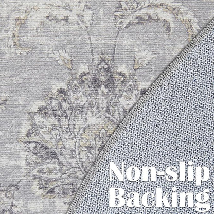 jinchan Fiora Round Rug 7ft Area Rugs - Vintage Floral Distressed Design Machine Washable Non-Slip Low-Pile Ultra-Thin Circle Rug for Living Room Dining Room Bedroom Farmhouse (7' Round, Grey)