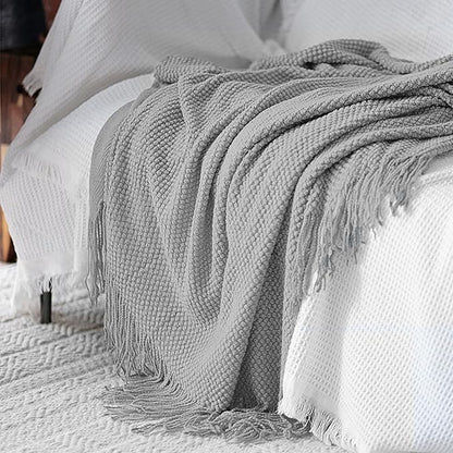 LOMAO Knitted Throw Blanket with Tassels Bubble Textured Lightweight Throws for Couch Cover Home Decor (Light Grey, 60x80)