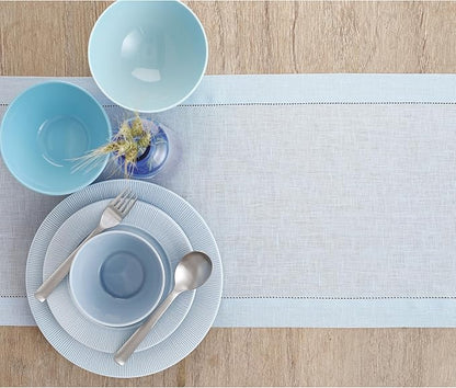Solino Home Linen Light Blue Table Runner 36 Inches - Classic Hemstitch, 100% Pure Linen Coffee Table Runner 14 x 36 Inch Ideal for Dresser Tables, Christmas, New Year