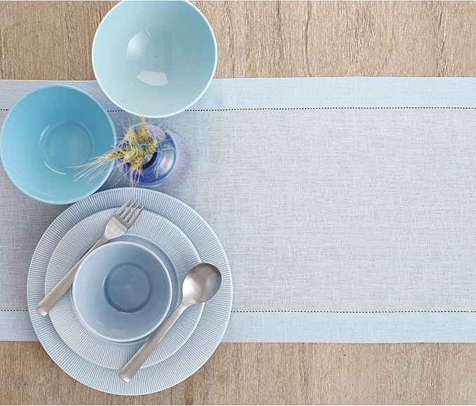 Solino Home Linen Light Blue Table Runner 60 Inches - Classic Hemstitch, 100% Pure Linen Coffee Table Runner 14 x 60 Inch Ideal for Dresser Tables, Christmas, New Year