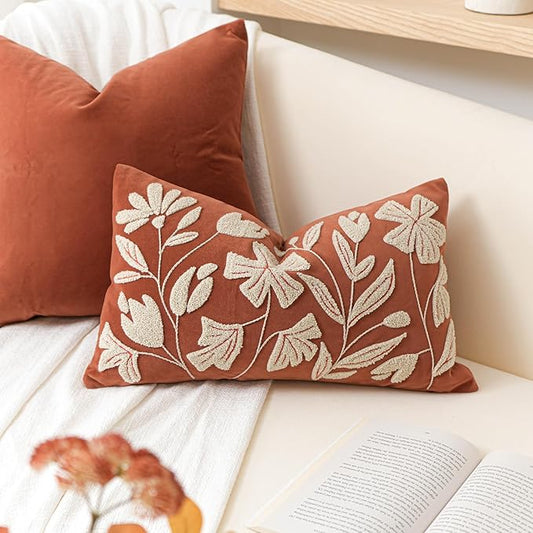 BlissBlush Fall Throw Pillow Cover 12x20, Rust Brick Red Soft Velvet Floral Decorative Lumbar Accent Throw Pillowcase,Textured Farmhouse Pillowcase for Couch Sofa Living Room Home Décor