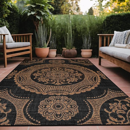 Medallion Outdoor Rug 10x14 Washable Outside Carpet for Indoor Patio Porch Waterproof Easy Cleaning Non Shedding Area Rugs Nut Brown 10 x 14