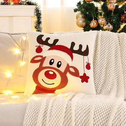 LUOYEHK Christmas Pillow Covers 18x18 Set of 2 Cute Reindeer Decorative Beige Pillow Cases Winter Holiday Velvet Embroidered Cushion Covers for Couch Sofa Bed