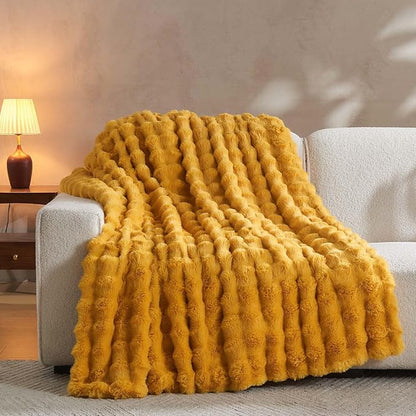 Lotus Karen Faux Fur Throw Blanket Ginger Yellow - Big Bubble Rabbit Fluff Blanket for Couch Bed Sofa,Softest Fluffy Fuzzy Cozy Blanket,Thick Furry Plush Shaggy Warm Blankets for Women,60x80 Inches