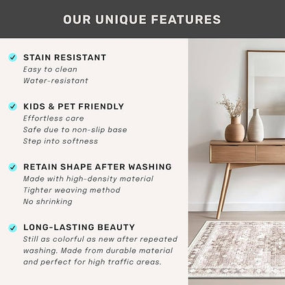 Boho Bathroom Rug 2x5 Runner, Neutral Farmhouse Kitchen Rugs, Small Throw Runners for Laundry Room Bedroom, Vintage Floral Décor, Non-Slip Low-Pile Washable Stain Resistant Beige Latte