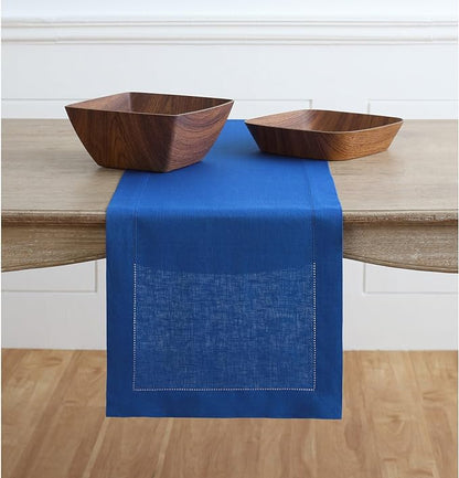 Solino Home Linen Royal Blue Table Runner 108 Inches Long - 100% Pure Linen 14 x 108 Inch Table Runner for Holiday, Winter, Christmas, New Year - Classic Hemstitch