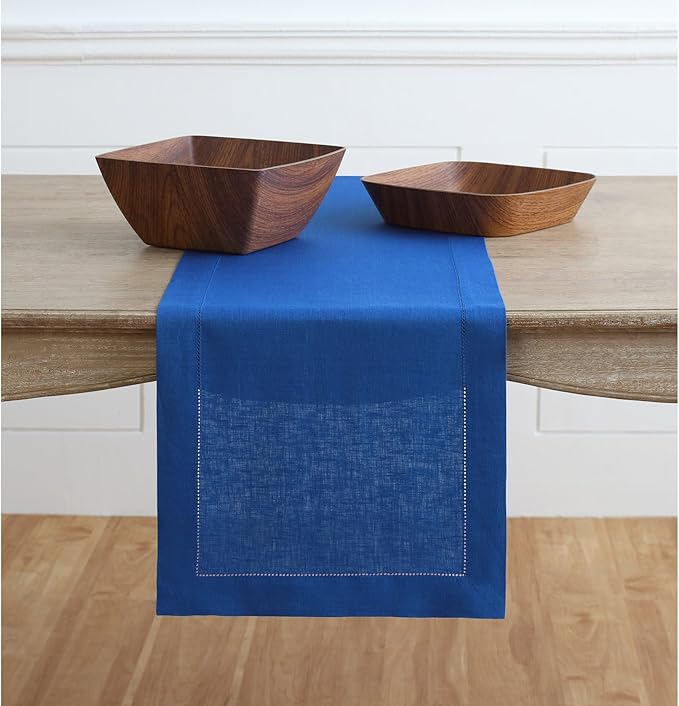 Solino Home Linen Royal Blue Table Runner 60 Inches - Classic Hemstitch, 100% Pure Linen Coffee Table Runner 14 x 60 Inch Ideal for Dresser Tables, Christmas, New Year