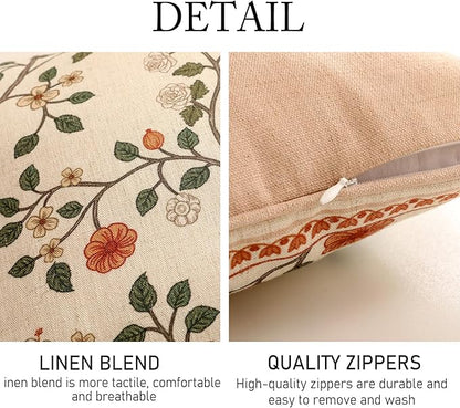 ISAENNE Design Linen Classic Throw Pillow Covers 18"x18" Pack of 2, French Farmhouse Square Cushion Covers with Orange White Floral Pattern Decoration Pillowcases for Bed,Living Room,Outdoor,Car