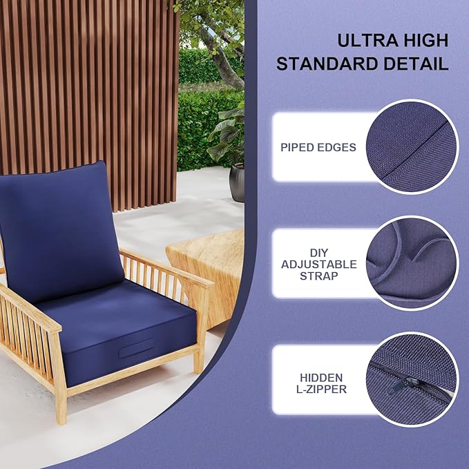 Outdoor Olefin Water-Resistant Deep Seat Cushion Set, 24''x 24''x 6'' Weather and Fade Resistant Patio Furniture Seat Cushion, Thickened Sofa Chair Pad with Straps for Lawn, Garden, Dark Blue