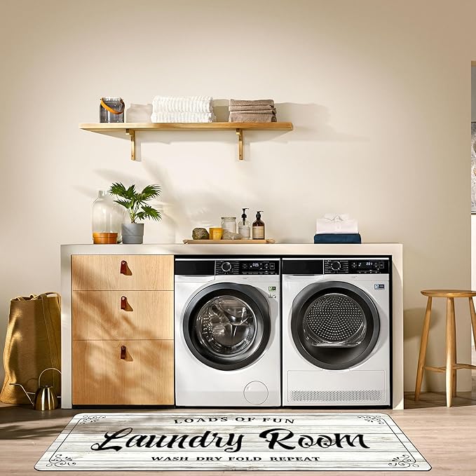 Laundry Room Rug Non Slip Floor mats Farmhouse Large Laundry Rugs for Laundry Room Mat Washer and Dryer Carpet Laundry Runner Room Decor 20x47inch(White)