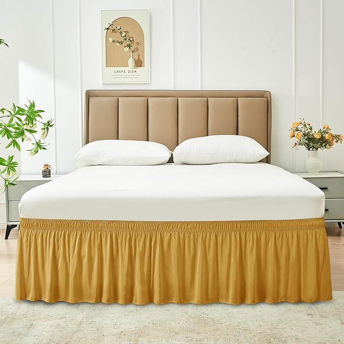 Biscaynebay Wrap Around Bed Skirts for Queen Beds 14" Drop, Christmas Gold Adjustable Elastic Dust Ruffles Easy Fit Wrinkle Resistant Silky Luxurious Fabric Machine Washable