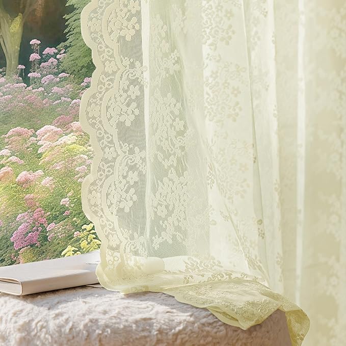 Anmao Vintage Lace Curtains 96 Inches Long 2 Panels Set, Romantic Elegant Light Filtering Semi Sheer Floral Thick Lacy Curtain Drapes for Living Room and Bedroom, Each Panel 55W x 96L, Cream Yellow